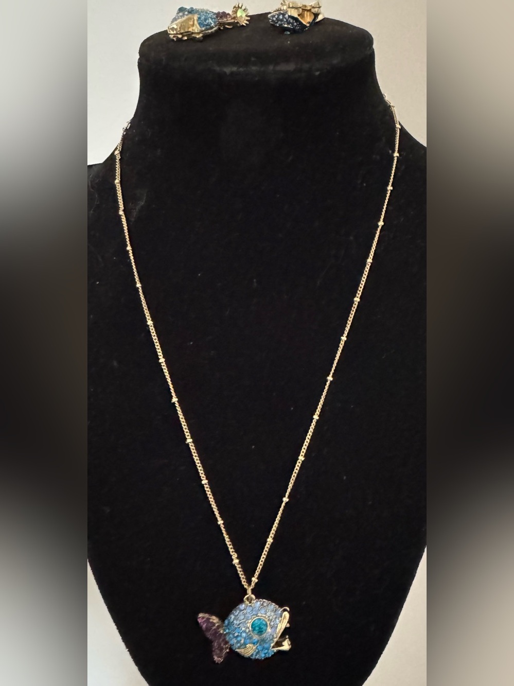 Betsy Johnson Blue Crystal Fish Pendant Necklace & Earrings Set